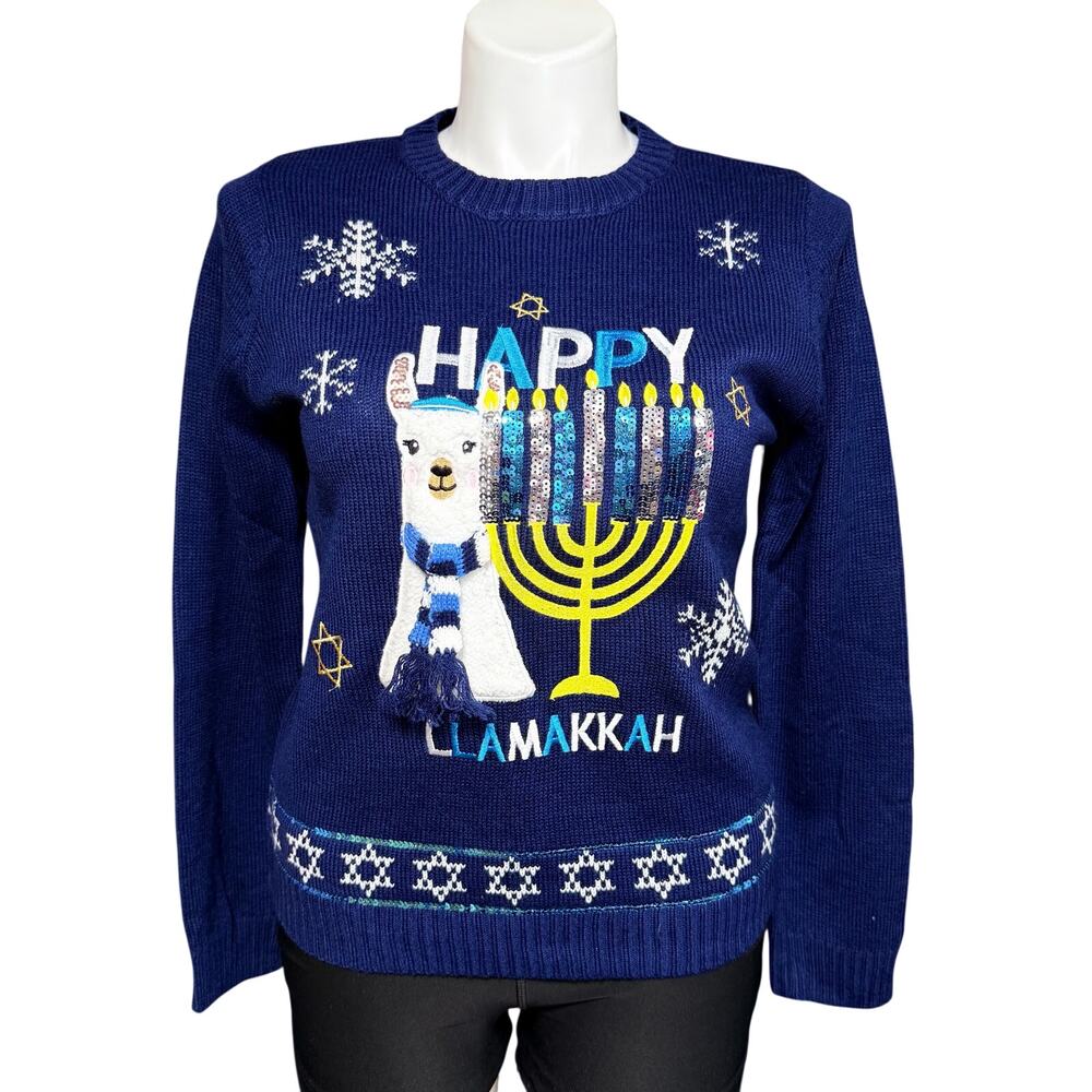 Holiday Lane Womens Hanukah Llama Pullover Knit Sweater Sequin Blue Large